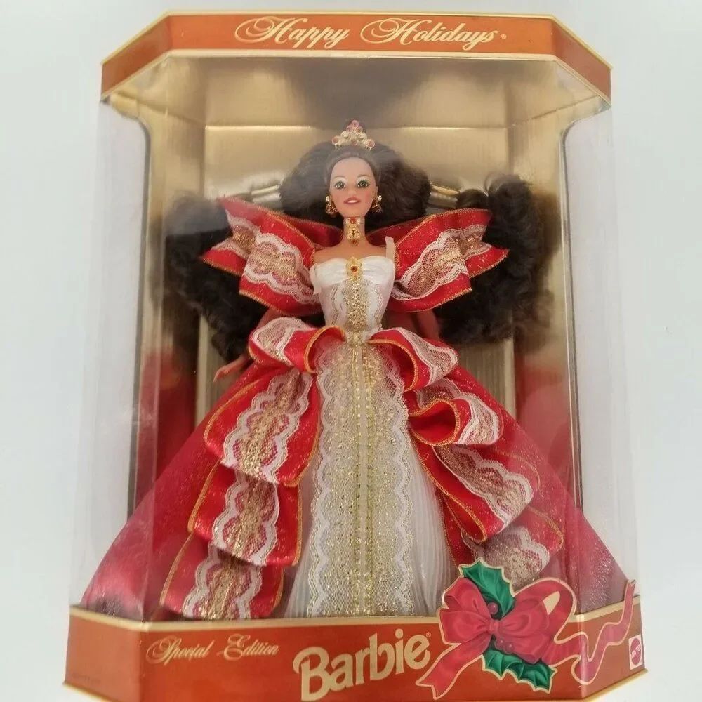 Mattel 1997 Happy Holidays Christmas Brunette Barbie Doll Red Holiday Gown 17832